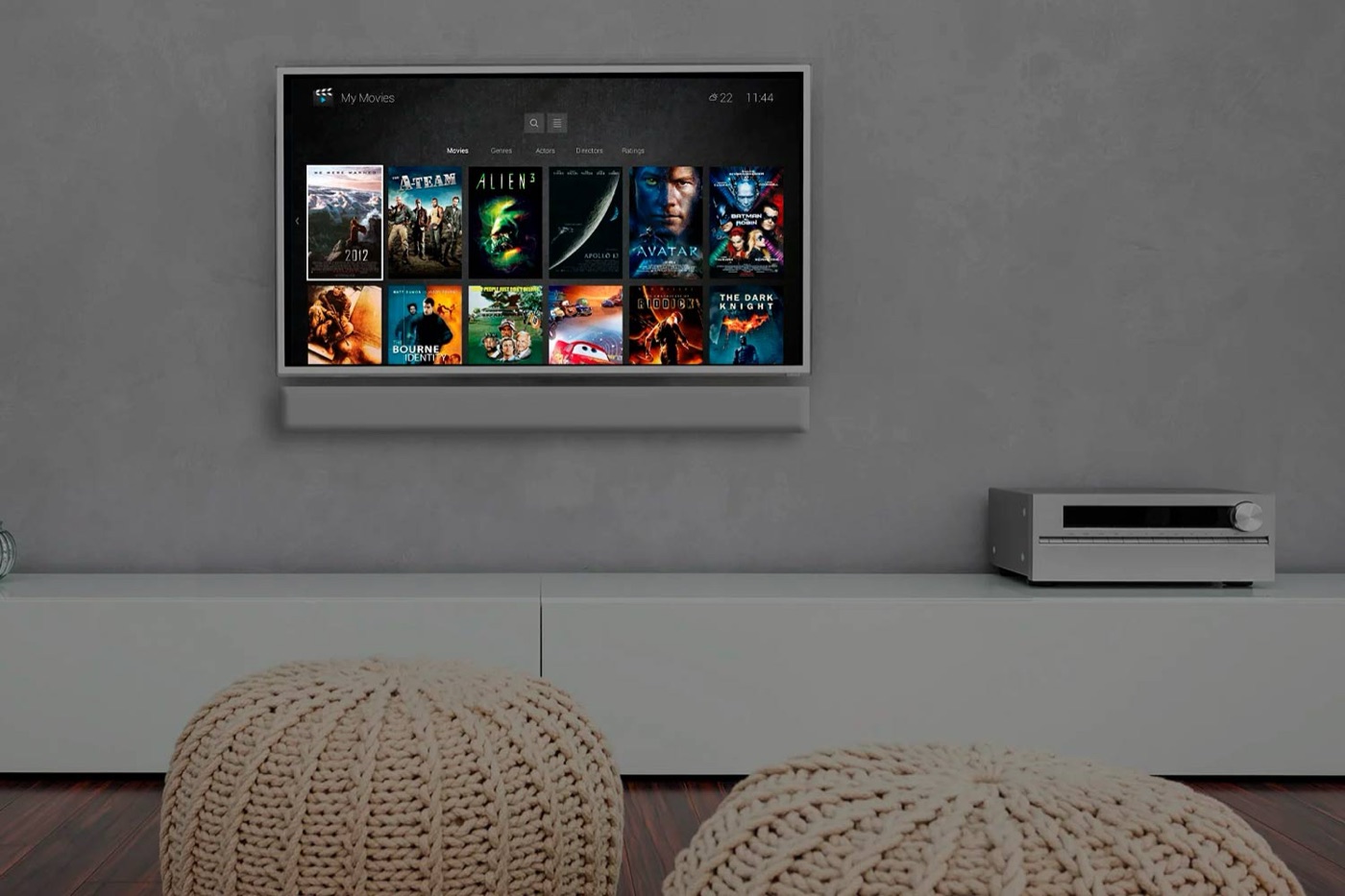 A Control4 soundbar below a TV