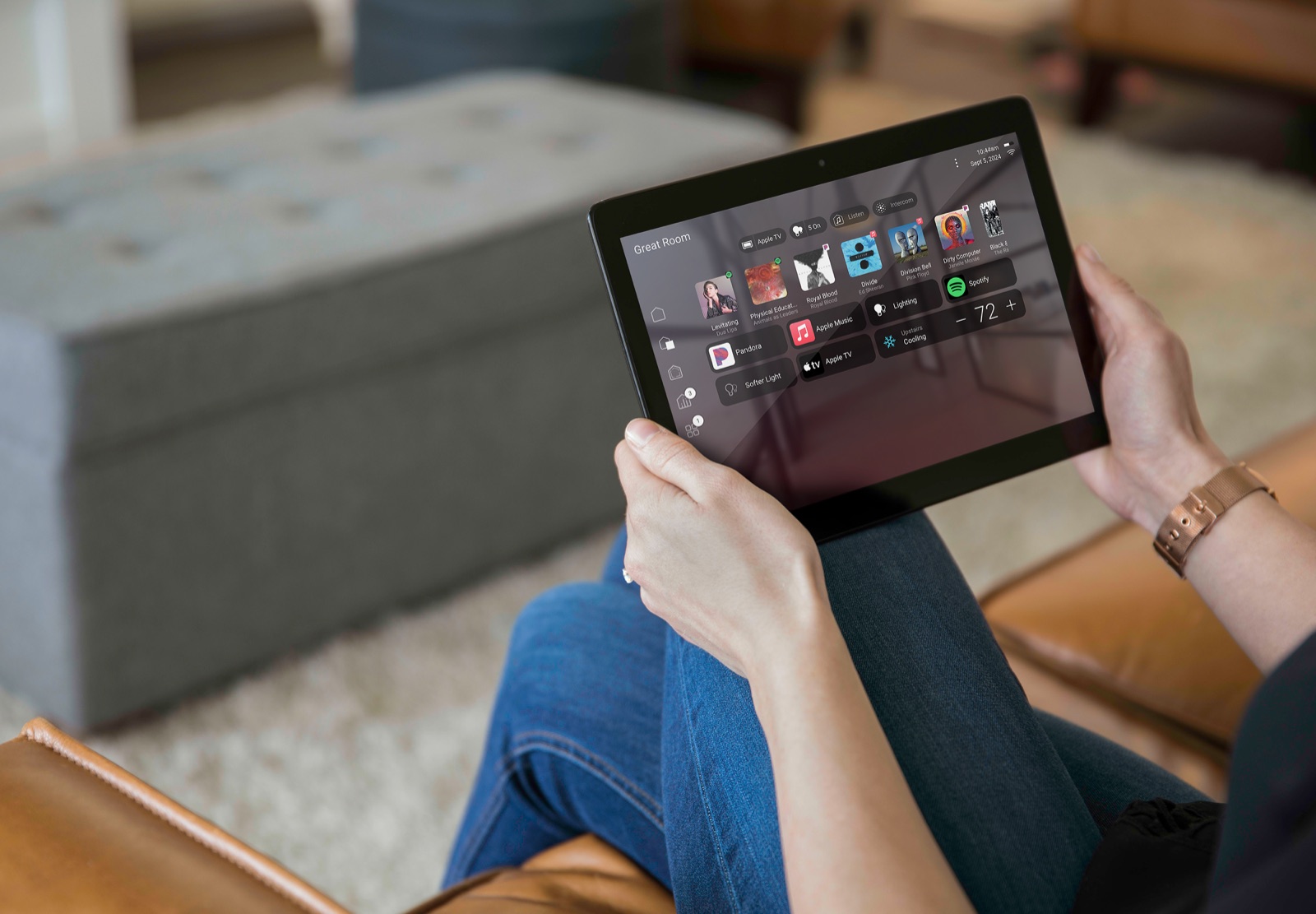 The Control4 X4 home screen with widgets on a tablet
