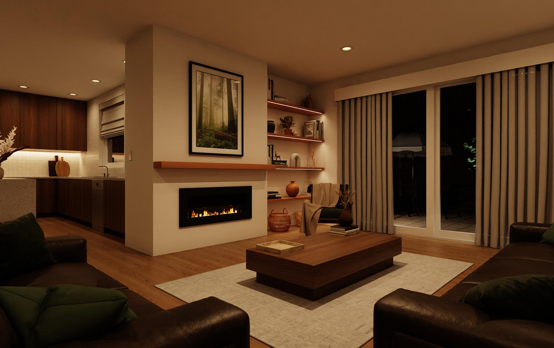 Warm Lumaris lighting across a living room with a fireplace and illuminated shelves