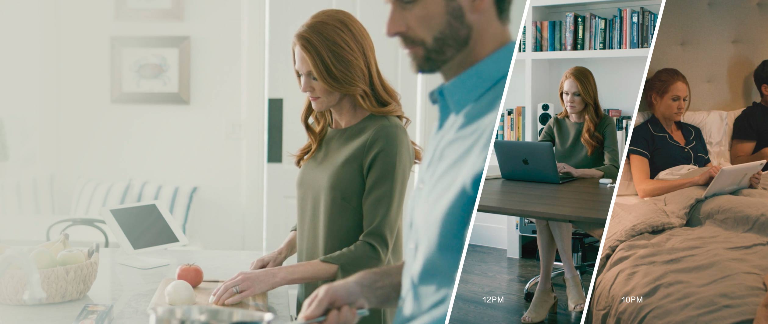 A day at home shown across three rooms: morning in the kitchen, midday at the home office, evening in the bedroom