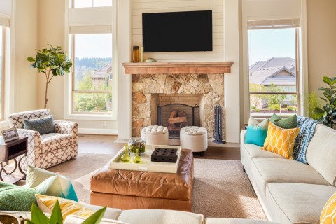 Brightly lit living room with motorized blinds