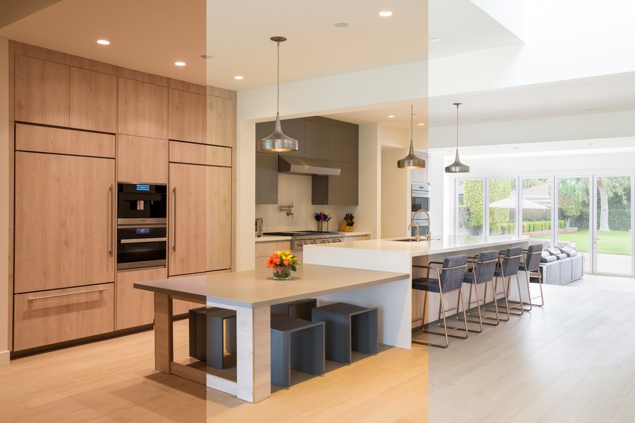 a modern kitchen with three different light settings