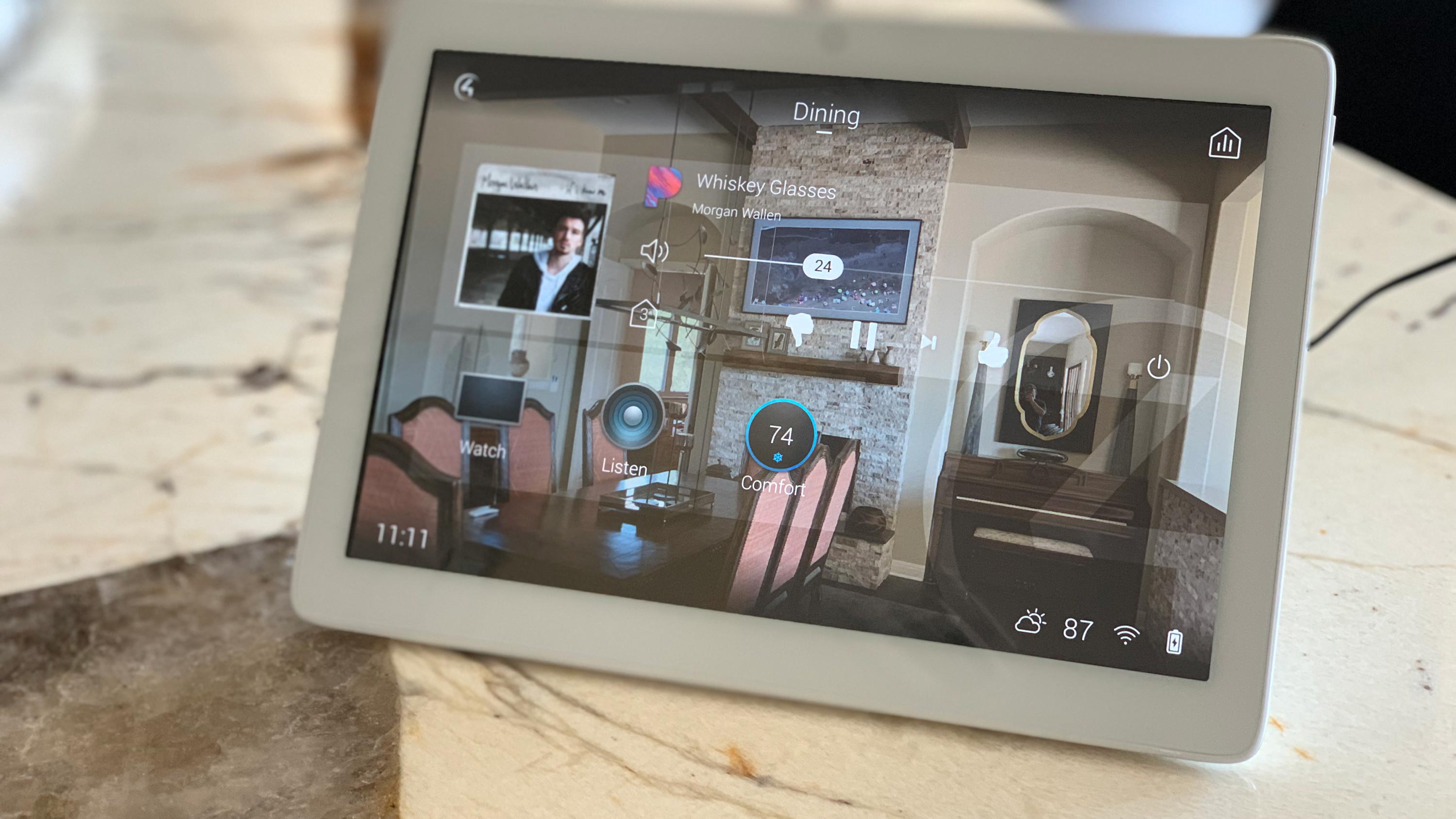 Control4 touch screen showing whole-home controls at a Bennett Technologies install