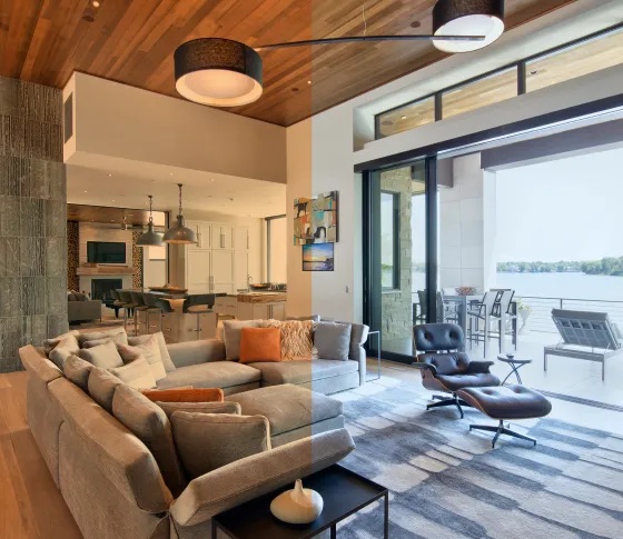 Living room split between warm evening light and cool daylight from Vibrant tunable white LEDs