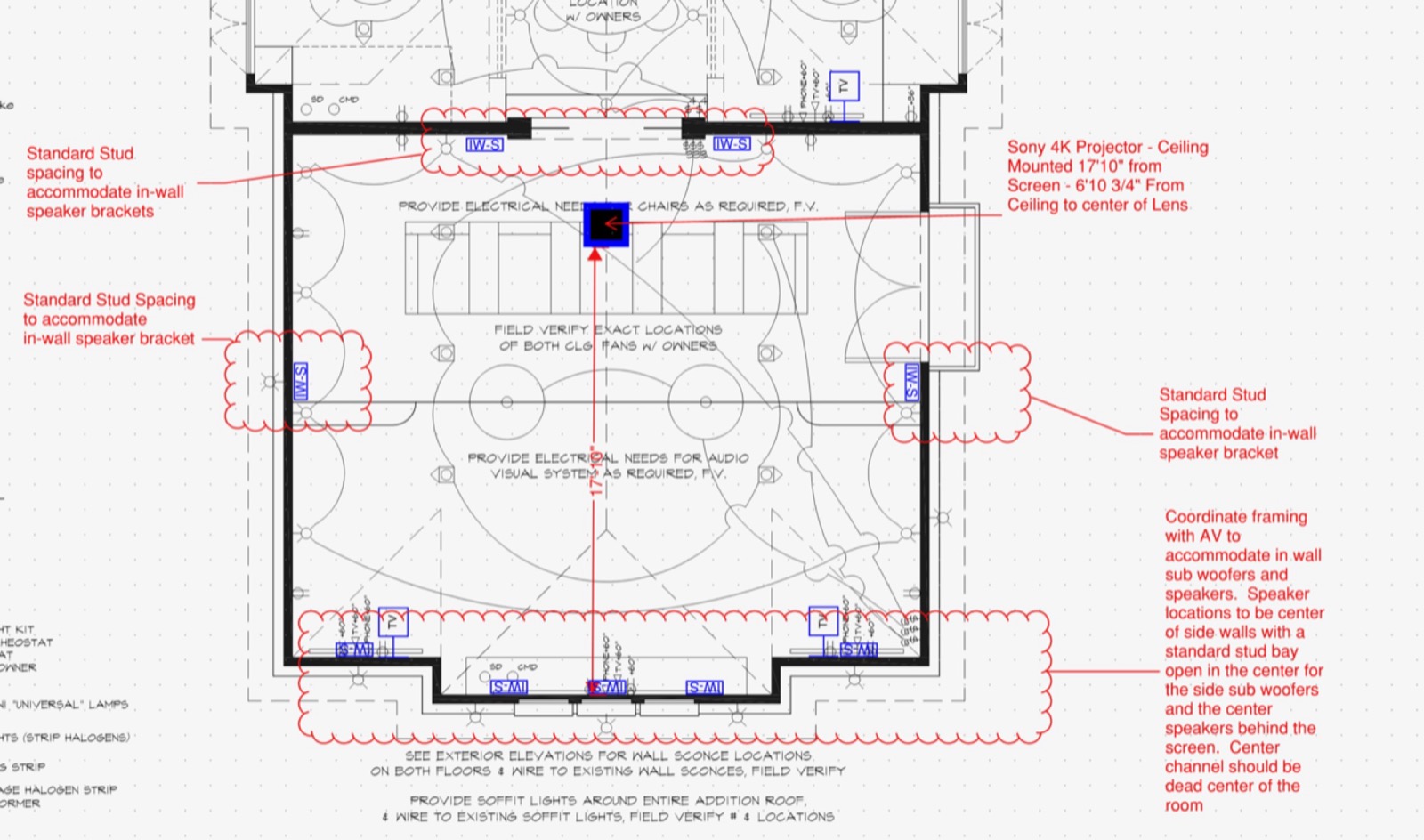 Bennett Technologies AV design markup on the Kingsland home theater floor plan, calling out the projector throw, in-wall speaker locations, and subwoofer framing