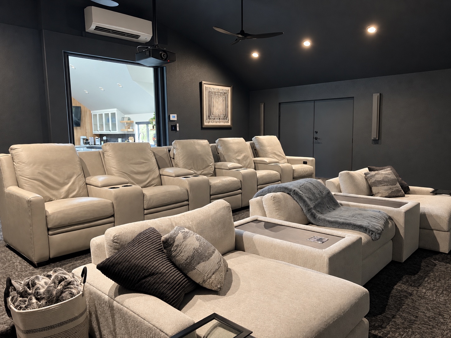 Rows of lounge seating and recliners in our completed Kingsland theater