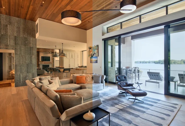 Living room split between warm evening light and cool daylight, showing Vibrant tunable white lighting